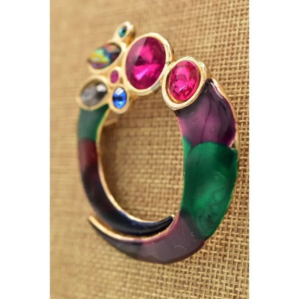 ECD Vintage Crystal Brooch Pin Multi-Color Enamel Gold Chunky 1980s Signed BinBG